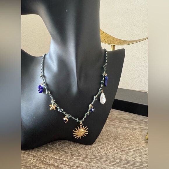 Sun Charm Gold Necklace with Blue Accents A1334 - Picture 3 of 3